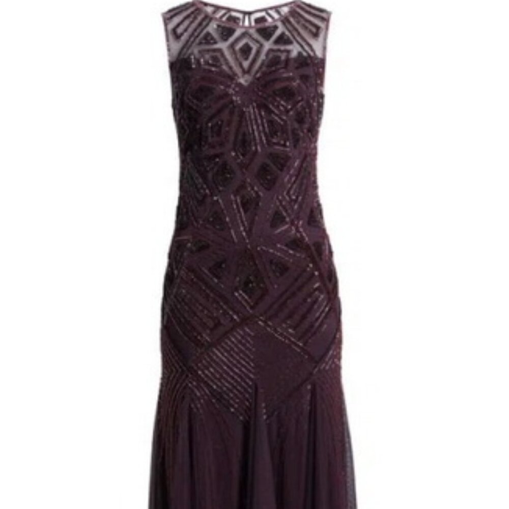 Pisarro Nights Wine Burgundy Geometric Beaded Sleeveless Gown